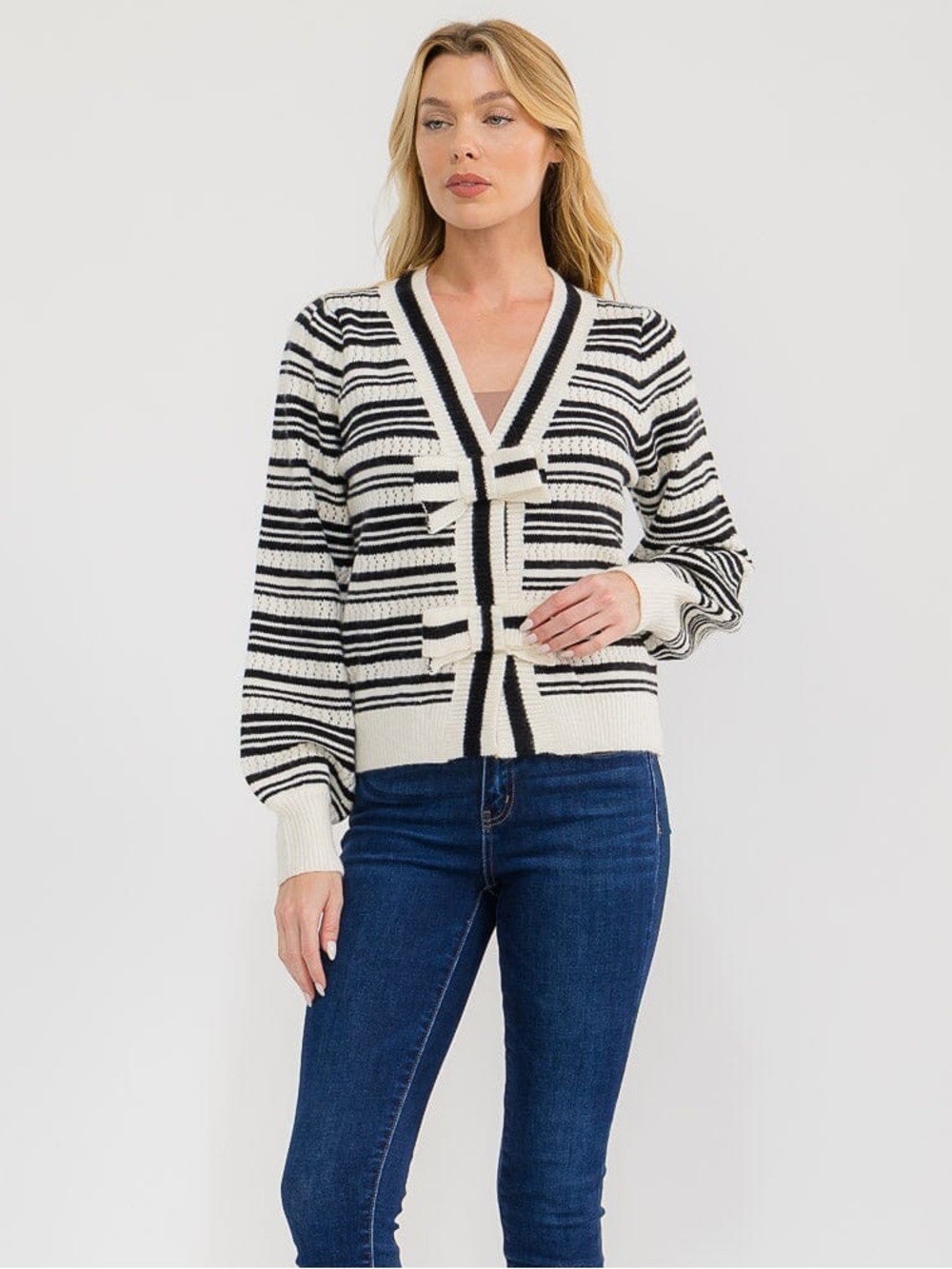 Striped V-Neck Bow Cardigan Sweater - Black & Cream